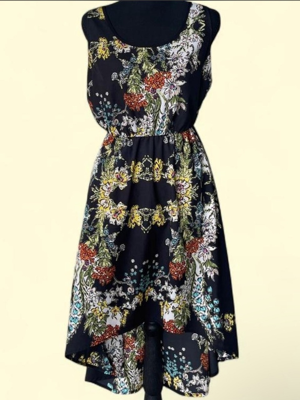 Love Stitch Black Floral High-Low Dress with Yellow & Red Accents